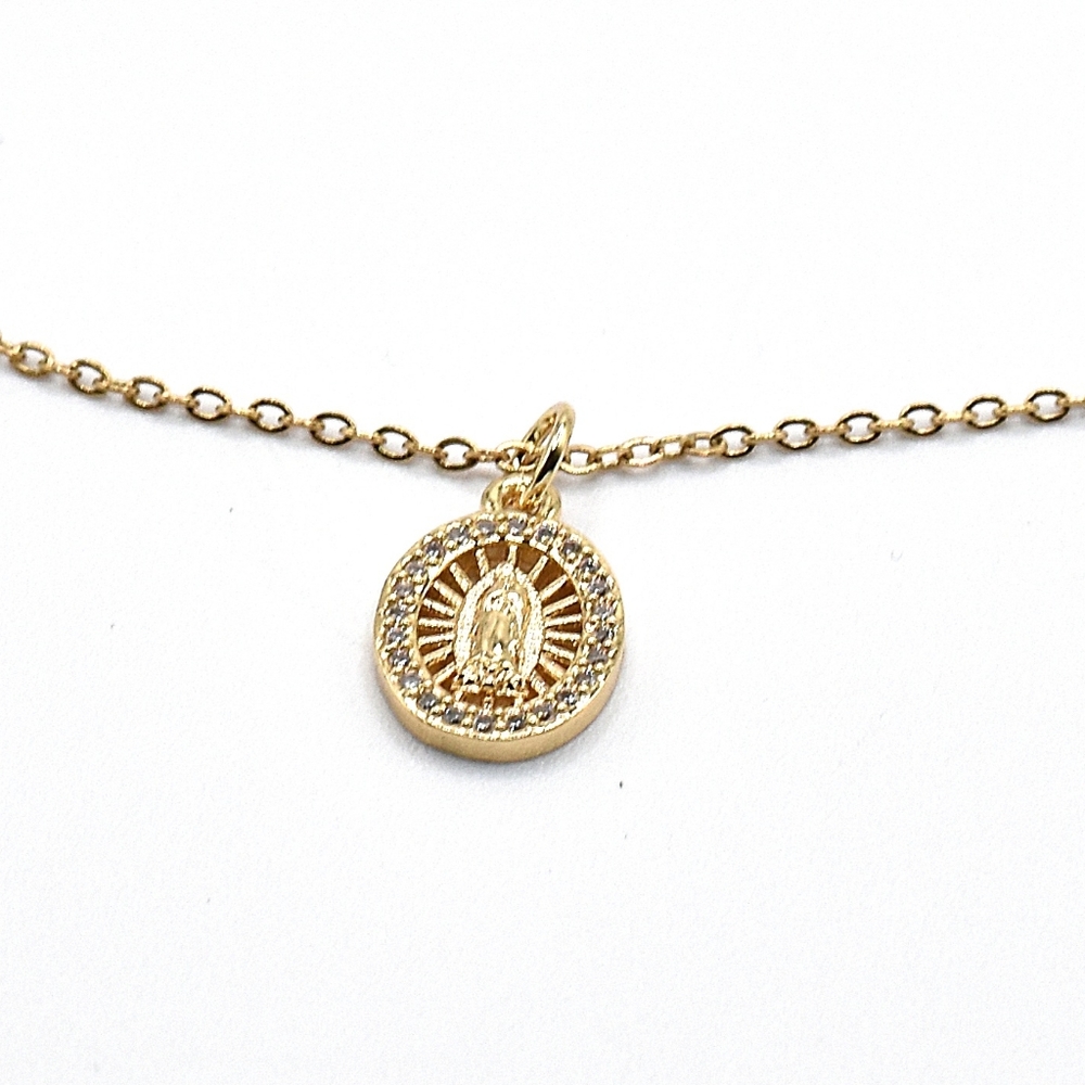 14K Gold Plated Guadalupe Pendant Necklace Virgen Mary Cubic Zirconia - Picture 6 of 9